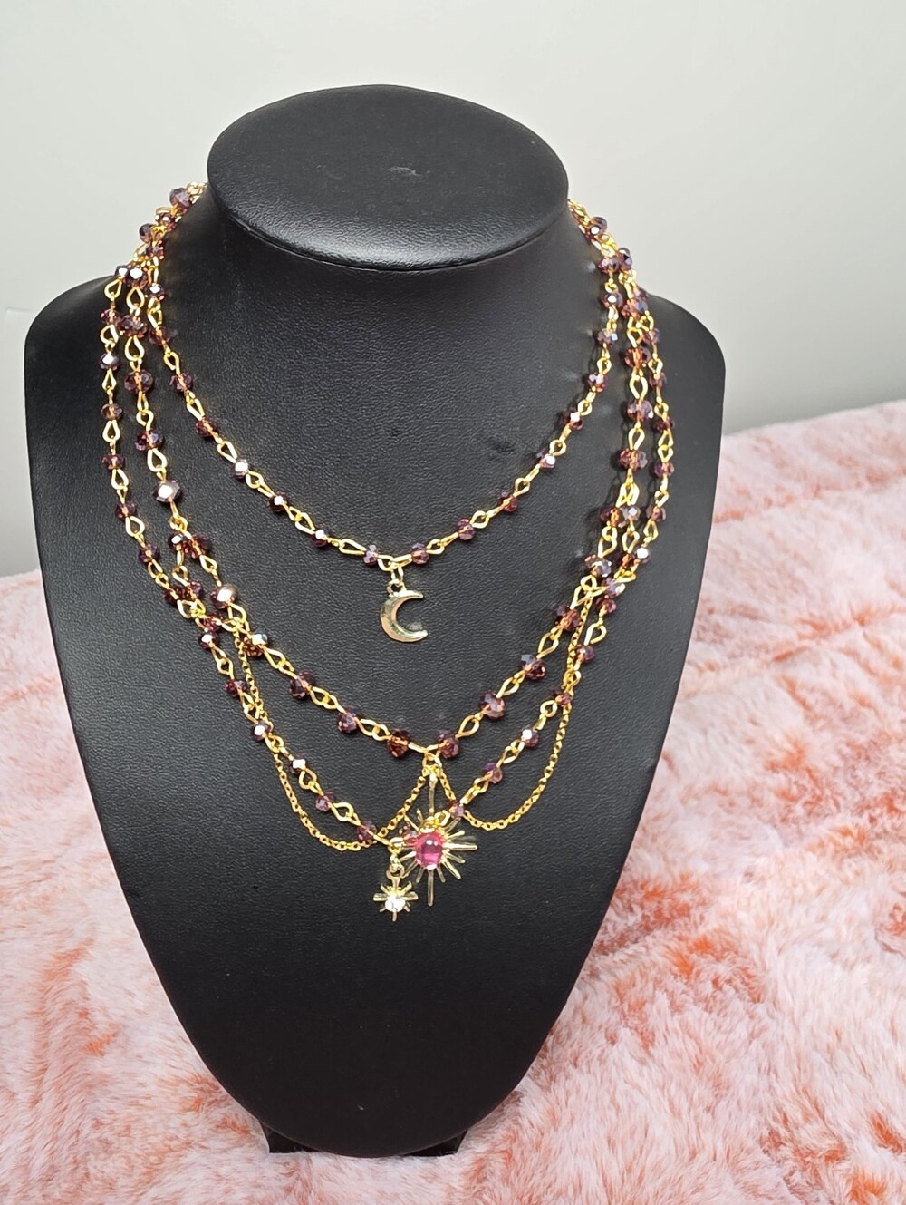Gold-Tone Layered Moon & Sun Pendant Necklace with Pink Beads